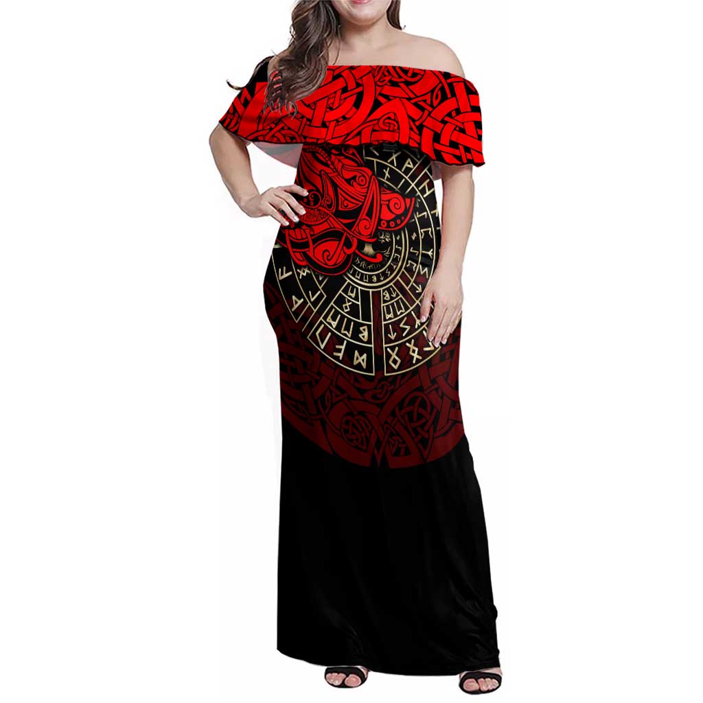 Yggdrasil Family Matching Off Shoulder Maxi Dress and Hawaiian Shirt with Red Norse Dragon and Runes Viking Heritage Tribute - Wonder Print Shop