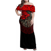 Yggdrasil Family Matching Off Shoulder Maxi Dress and Hawaiian Shirt with Red Norse Dragon and Runes Viking Heritage Tribute - Wonder Print Shop