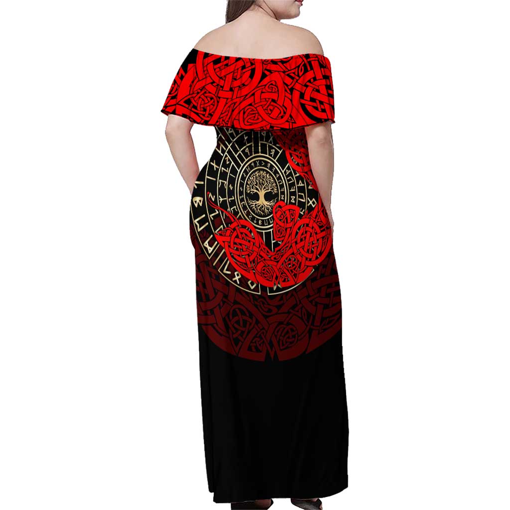 Yggdrasil Family Matching Off Shoulder Maxi Dress and Hawaiian Shirt with Red Norse Dragon and Runes Viking Heritage Tribute - Wonder Print Shop