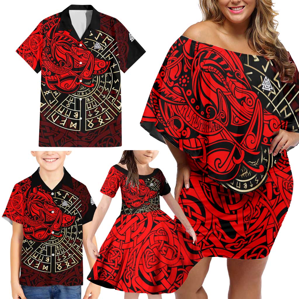 Yggdrasil Family Matching Off Shoulder Short Dress and Hawaiian Shirt with Red Norse Dragon and Runes Viking Heritage Tribute - Wonder Print Shop