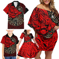 Yggdrasil Family Matching Off Shoulder Short Dress and Hawaiian Shirt with Red Norse Dragon and Runes Viking Heritage Tribute - Wonder Print Shop