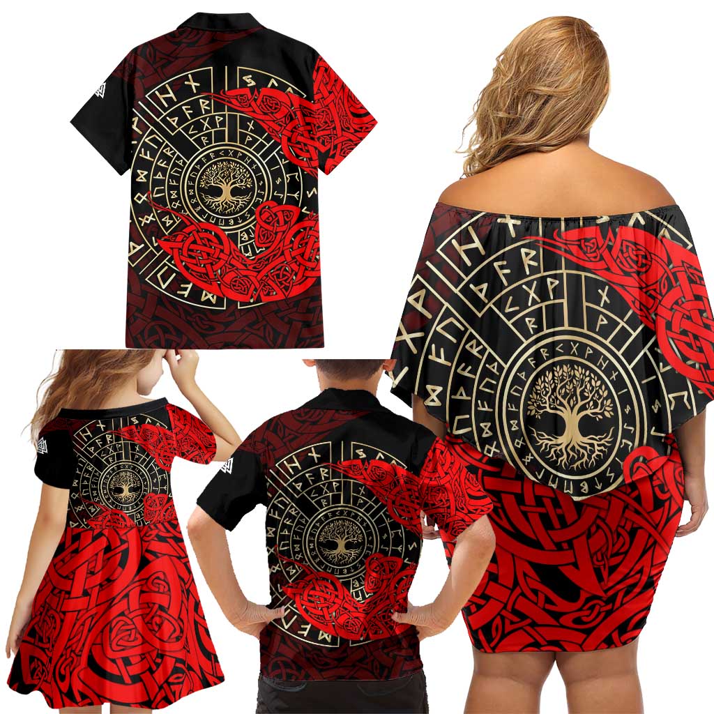 Yggdrasil Family Matching Off Shoulder Short Dress and Hawaiian Shirt with Red Norse Dragon and Runes Viking Heritage Tribute - Wonder Print Shop