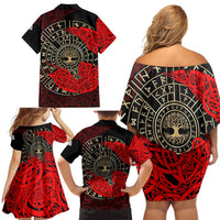 Yggdrasil Family Matching Off Shoulder Short Dress and Hawaiian Shirt with Red Norse Dragon and Runes Viking Heritage Tribute - Wonder Print Shop