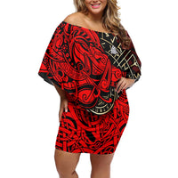 Yggdrasil Family Matching Off Shoulder Short Dress and Hawaiian Shirt with Red Norse Dragon and Runes Viking Heritage Tribute - Wonder Print Shop