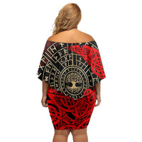 Yggdrasil Family Matching Off Shoulder Short Dress and Hawaiian Shirt with Red Norse Dragon and Runes Viking Heritage Tribute - Wonder Print Shop
