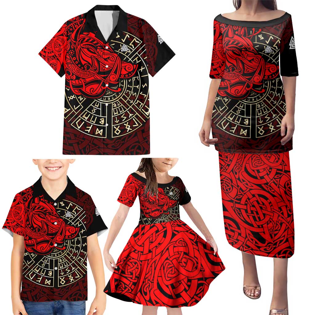 Yggdrasil Family Matching Puletasi and Hawaiian Shirt with Red Norse Dragon and Runes Viking Heritage Tribute - Wonder Print Shop