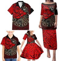 Yggdrasil Family Matching Puletasi and Hawaiian Shirt with Red Norse Dragon and Runes Viking Heritage Tribute - Wonder Print Shop