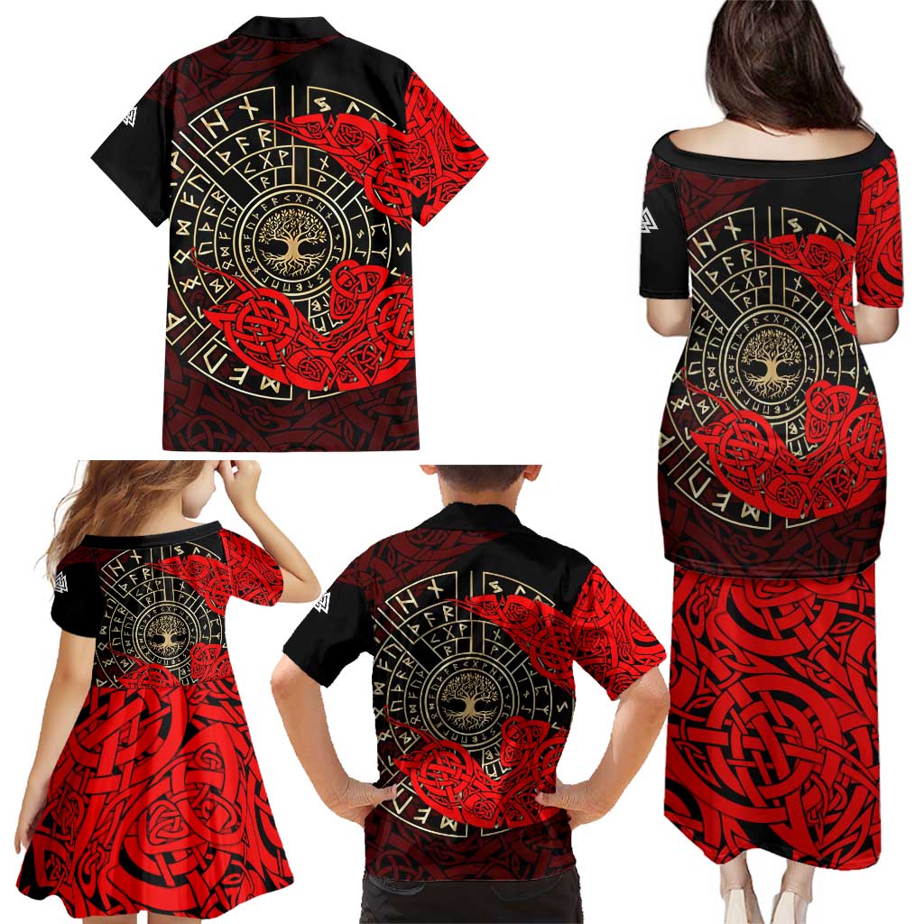 Yggdrasil Family Matching Puletasi and Hawaiian Shirt with Red Norse Dragon and Runes Viking Heritage Tribute - Wonder Print Shop