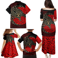 Yggdrasil Family Matching Puletasi and Hawaiian Shirt with Red Norse Dragon and Runes Viking Heritage Tribute - Wonder Print Shop