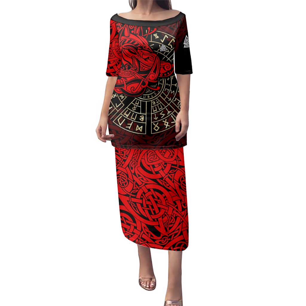 Yggdrasil Family Matching Puletasi and Hawaiian Shirt with Red Norse Dragon and Runes Viking Heritage Tribute - Wonder Print Shop