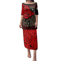 Yggdrasil Family Matching Puletasi and Hawaiian Shirt with Red Norse Dragon and Runes Viking Heritage Tribute - Wonder Print Shop
