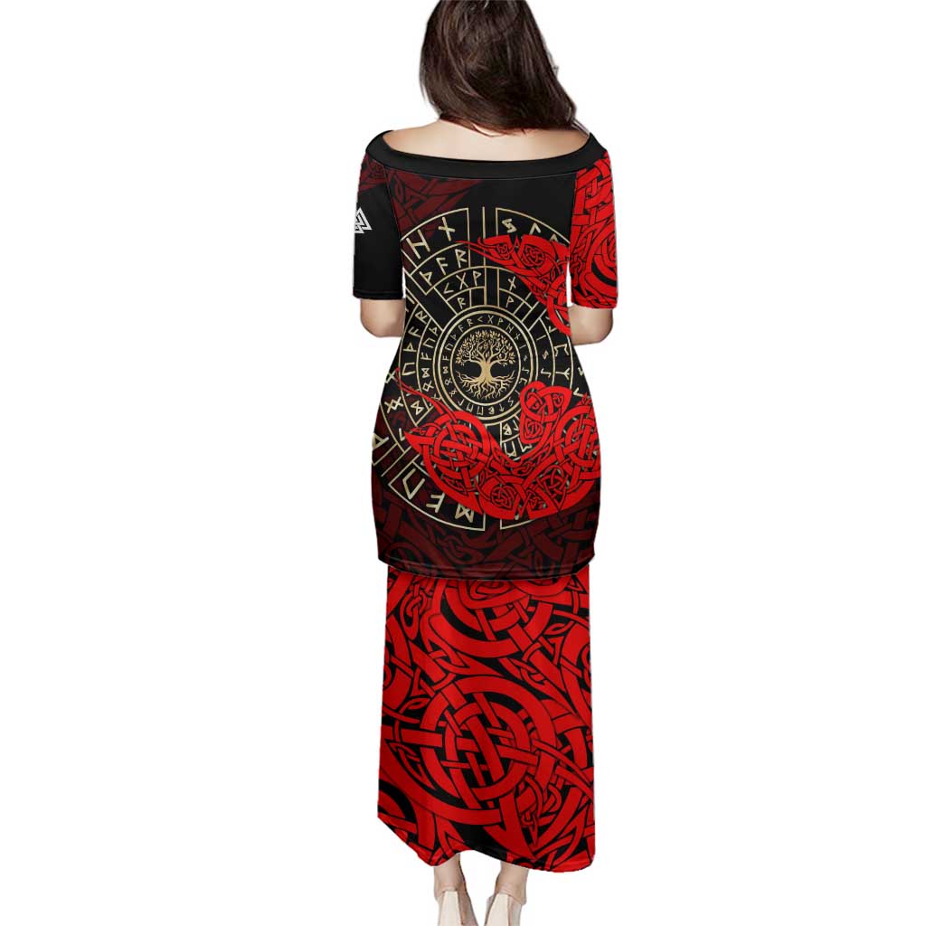 Yggdrasil Family Matching Puletasi and Hawaiian Shirt with Red Norse Dragon and Runes Viking Heritage Tribute - Wonder Print Shop