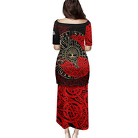 Yggdrasil Family Matching Puletasi and Hawaiian Shirt with Red Norse Dragon and Runes Viking Heritage Tribute - Wonder Print Shop