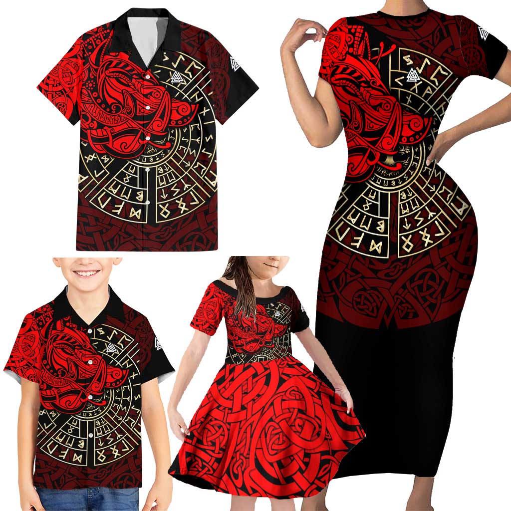 Yggdrasil Family Matching Short Sleeve Bodycon Dress and Hawaiian Shirt with Red Norse Dragon and Runes Viking Heritage Tribute - Wonder Print Shop