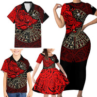 Yggdrasil Family Matching Short Sleeve Bodycon Dress and Hawaiian Shirt with Red Norse Dragon and Runes Viking Heritage Tribute - Wonder Print Shop