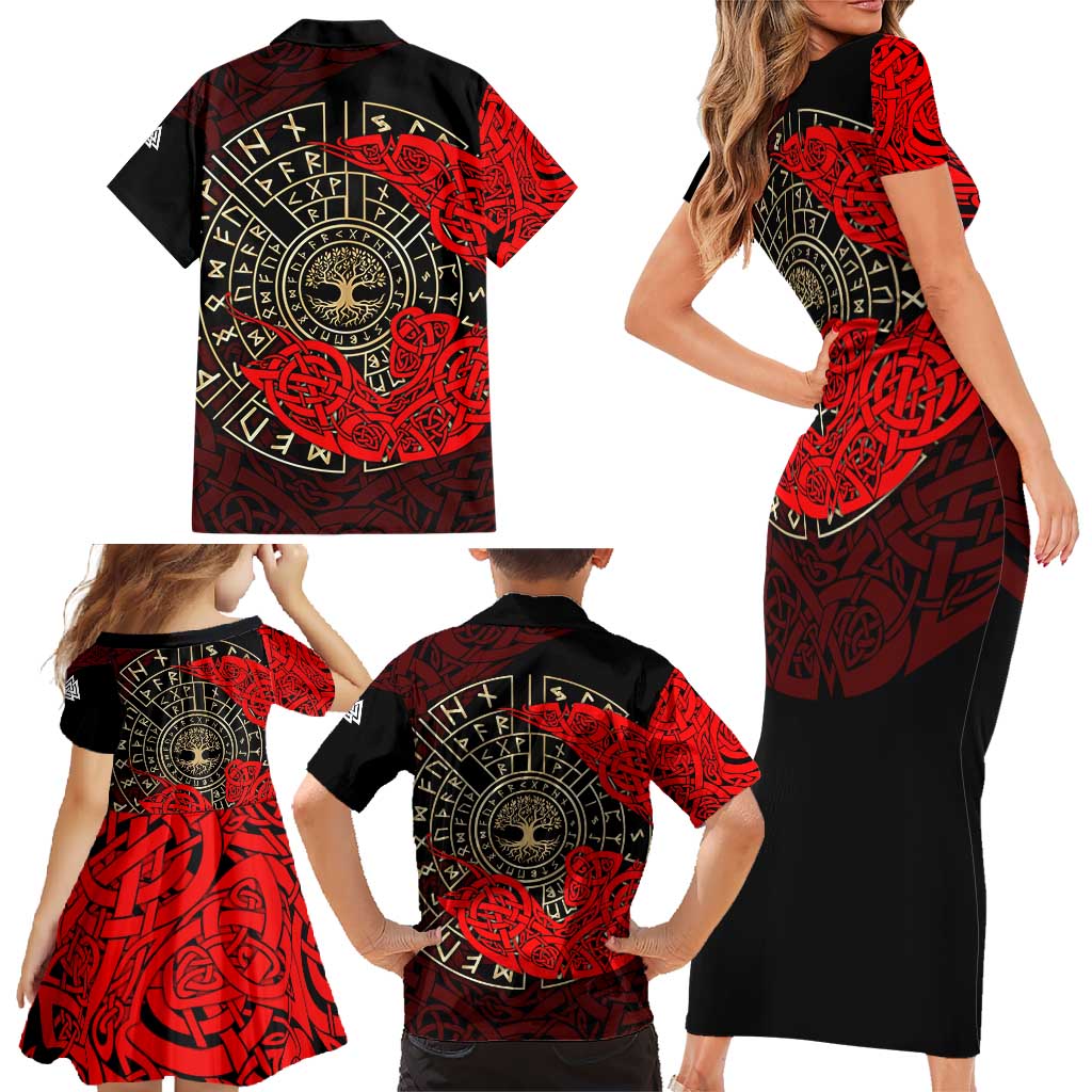 Yggdrasil Family Matching Short Sleeve Bodycon Dress and Hawaiian Shirt with Red Norse Dragon and Runes Viking Heritage Tribute - Wonder Print Shop