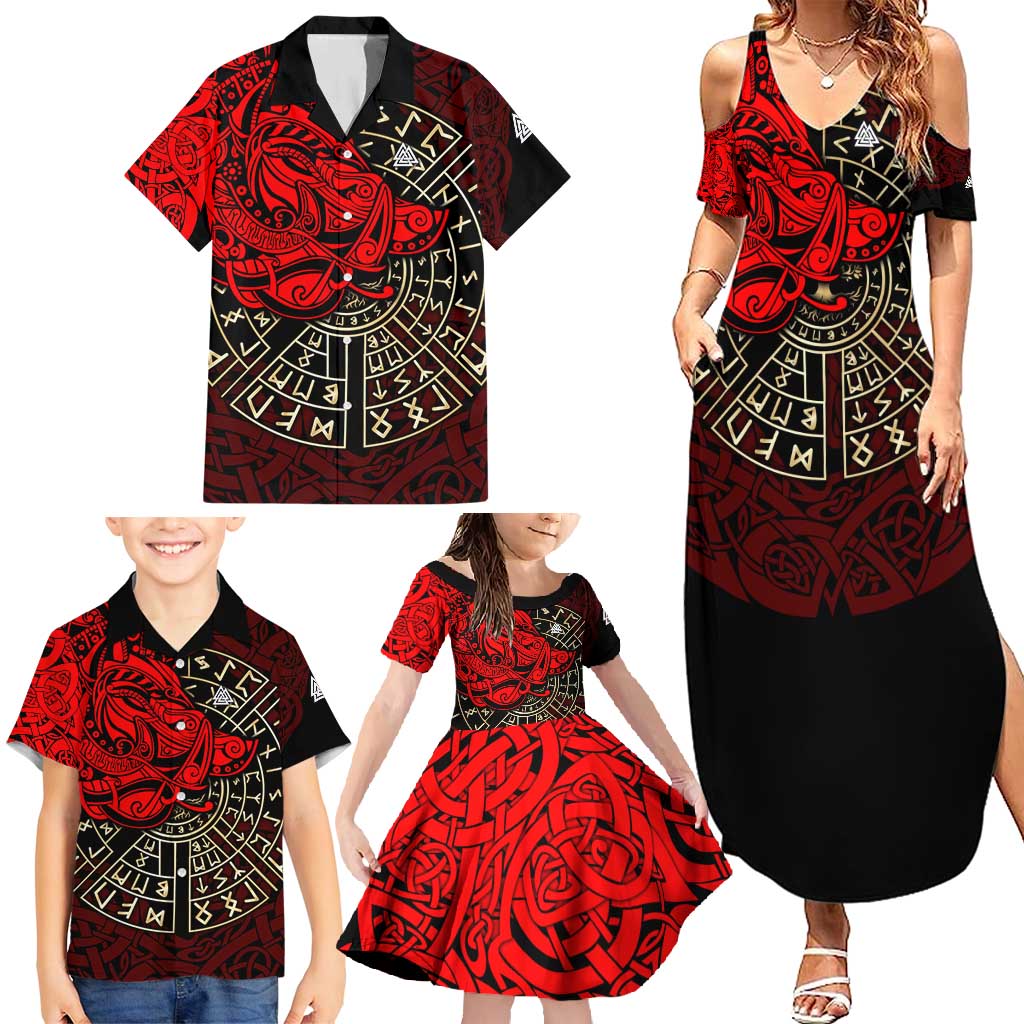 Yggdrasil Family Matching Summer Maxi Dress and Hawaiian Shirt with Red Norse Dragon and Runes Viking Heritage Tribute - Wonder Print Shop