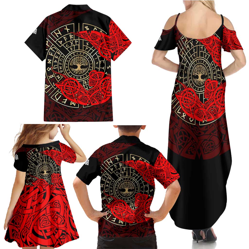 Yggdrasil Family Matching Summer Maxi Dress and Hawaiian Shirt with Red Norse Dragon and Runes Viking Heritage Tribute - Wonder Print Shop