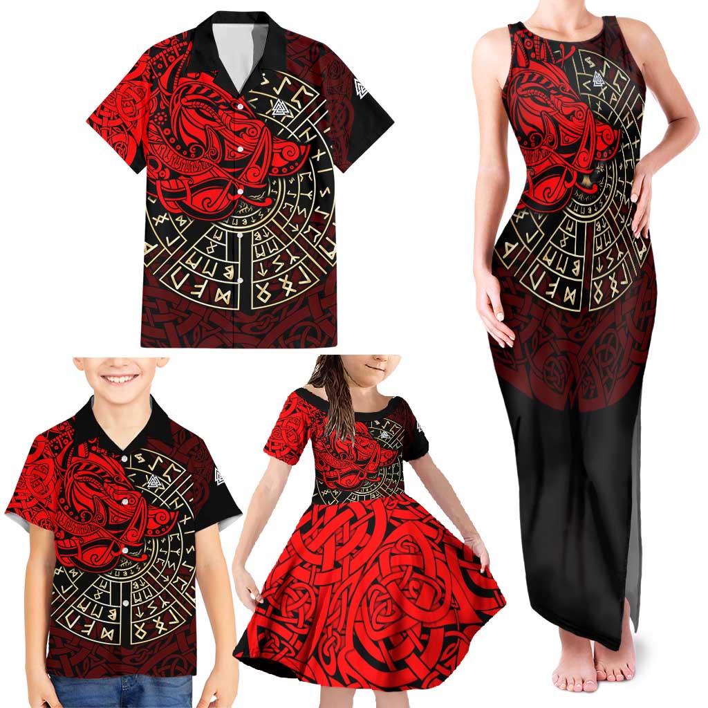 Yggdrasil Family Matching Tank Maxi Dress and Hawaiian Shirt with Red Norse Dragon and Runes Viking Heritage Tribute - Wonder Print Shop