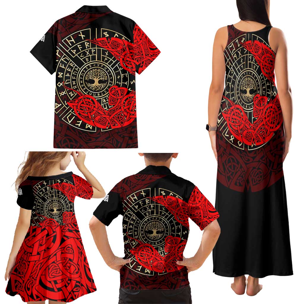 Yggdrasil Family Matching Tank Maxi Dress and Hawaiian Shirt with Red Norse Dragon and Runes Viking Heritage Tribute - Wonder Print Shop