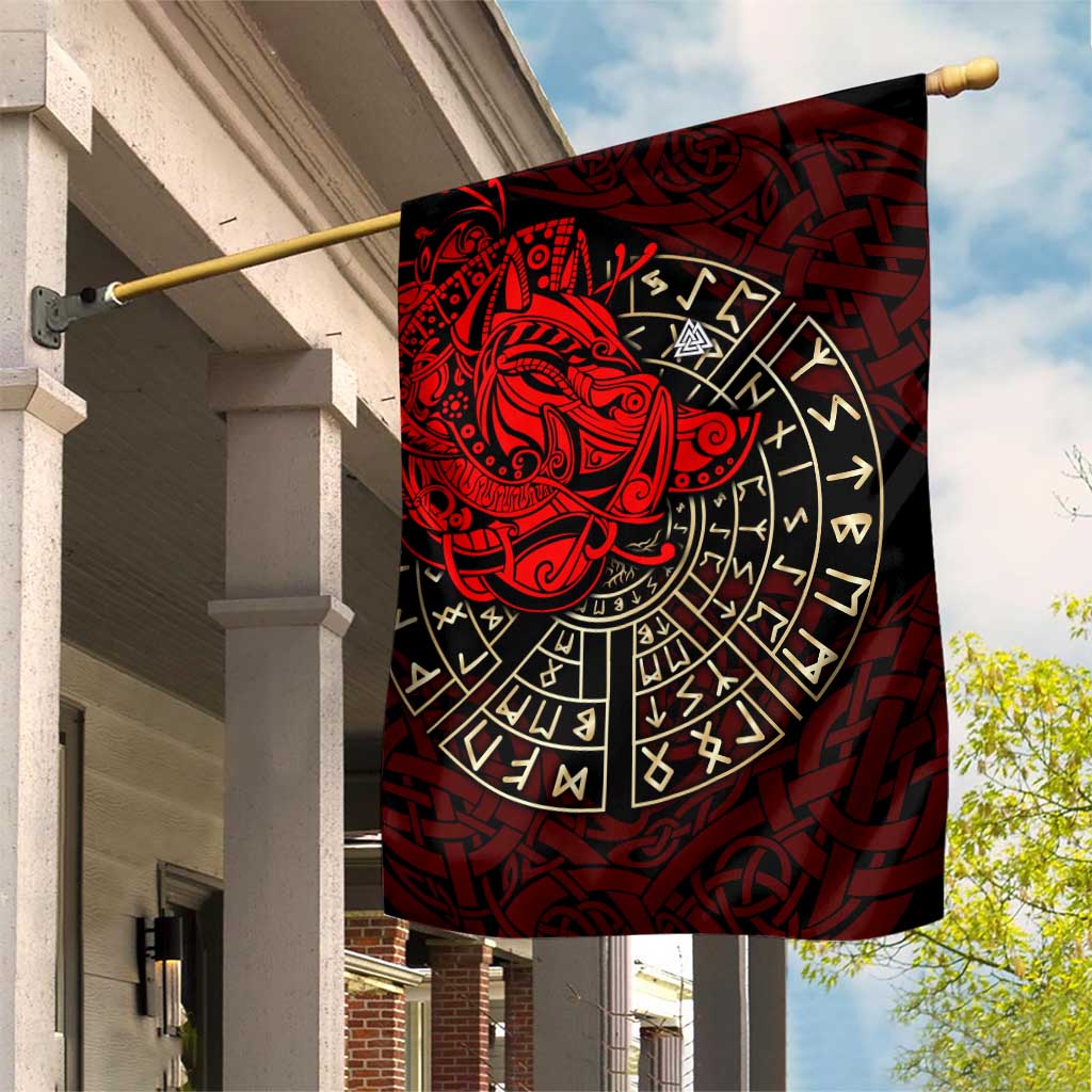 Yggdrasil Garden Flag with Red Norse Dragon and Runes Viking Heritage Tribute - Wonder Print Shop