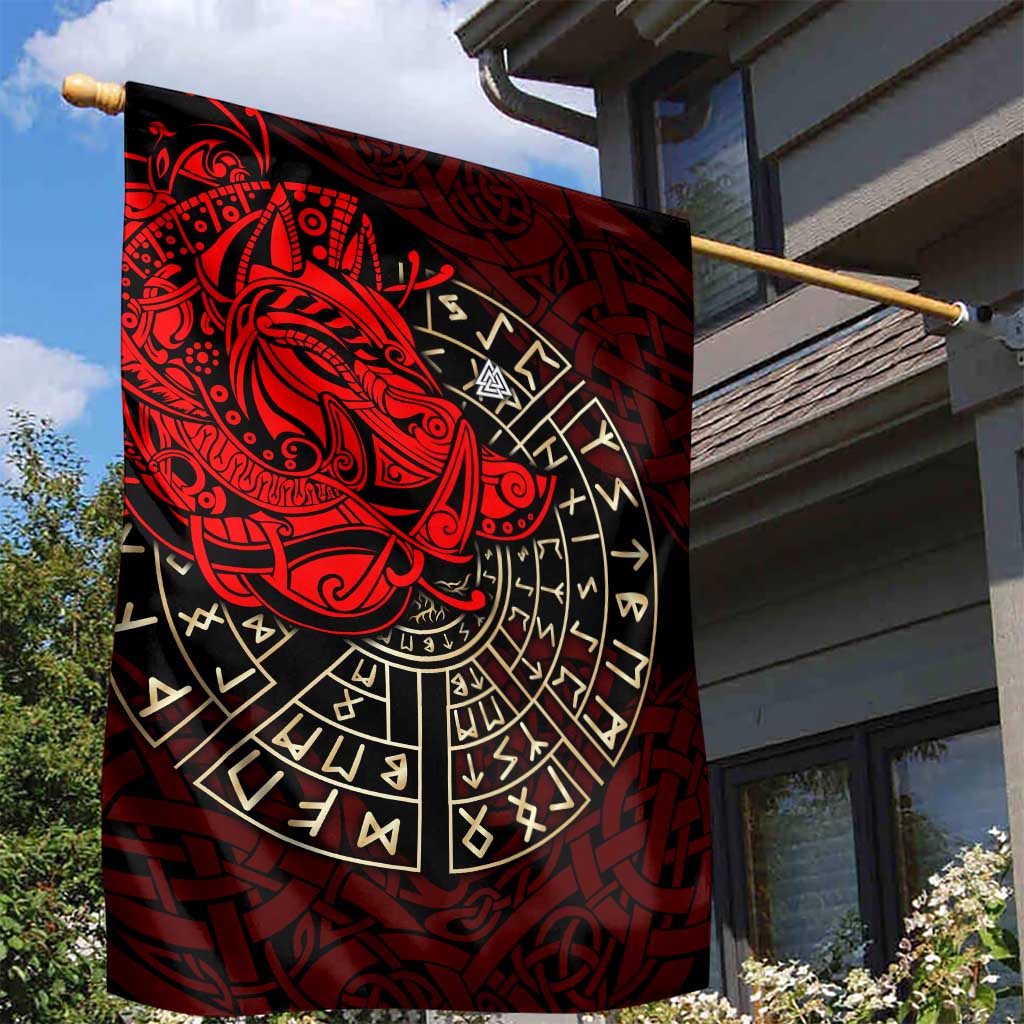 Yggdrasil Garden Flag with Red Norse Dragon and Runes Viking Heritage Tribute - Wonder Print Shop