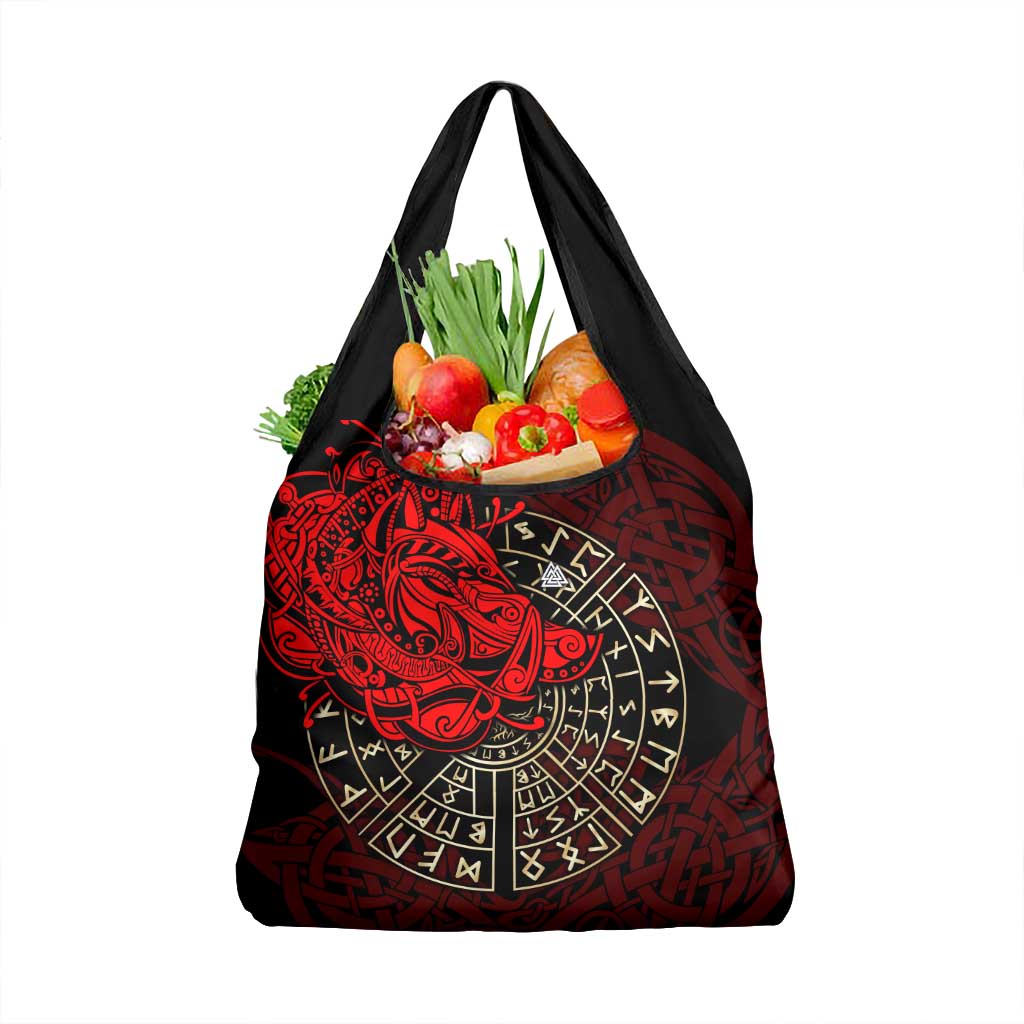 Yggdrasil Grocery Bag with Red Norse Dragon and Runes Viking Heritage Tribute - Wonder Print Shop