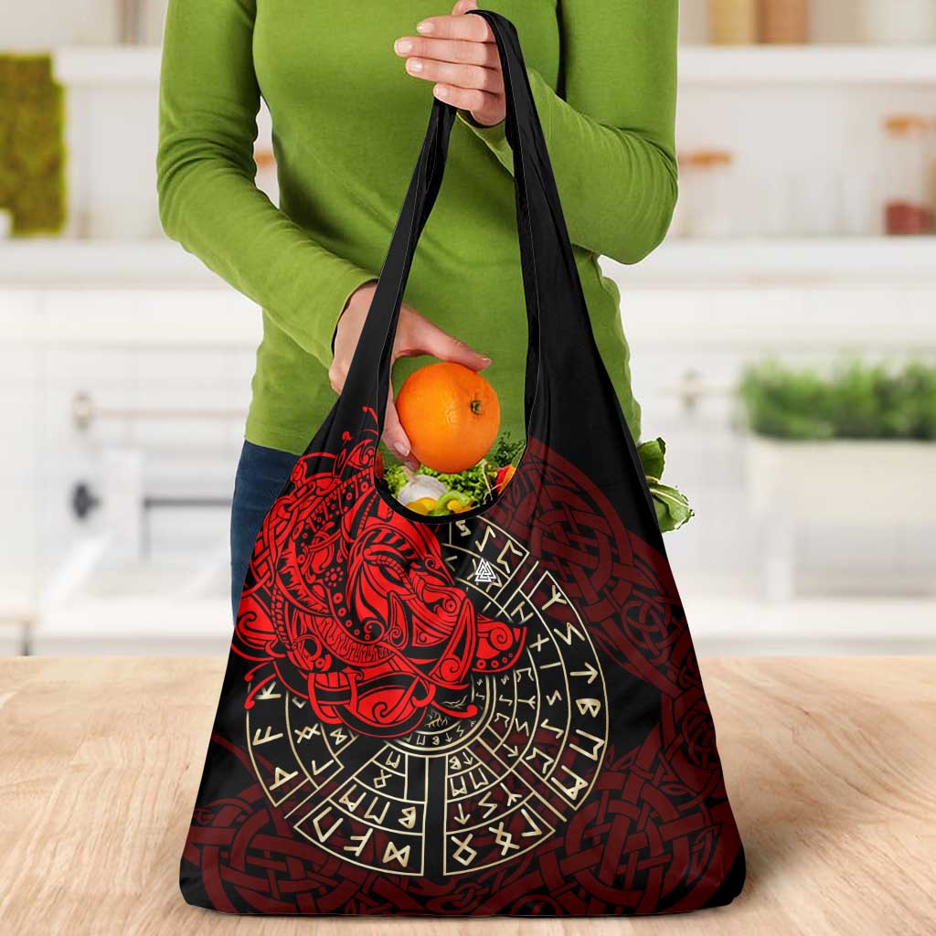 Yggdrasil Grocery Bag with Red Norse Dragon and Runes Viking Heritage Tribute - Wonder Print Shop