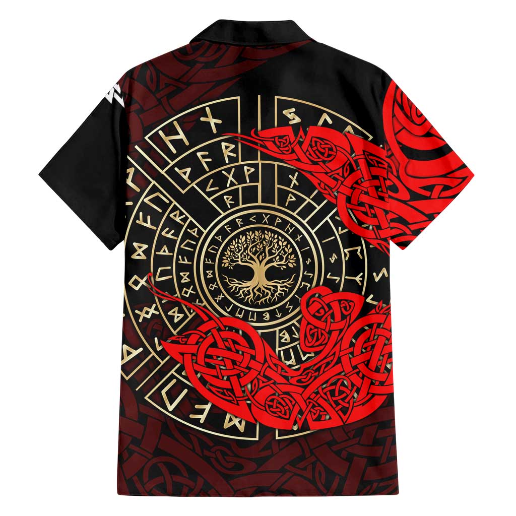 Yggdrasil Hawaiian Shirt with Red Norse Dragon and Runes Viking Heritage Tribute - Wonder Print Shop