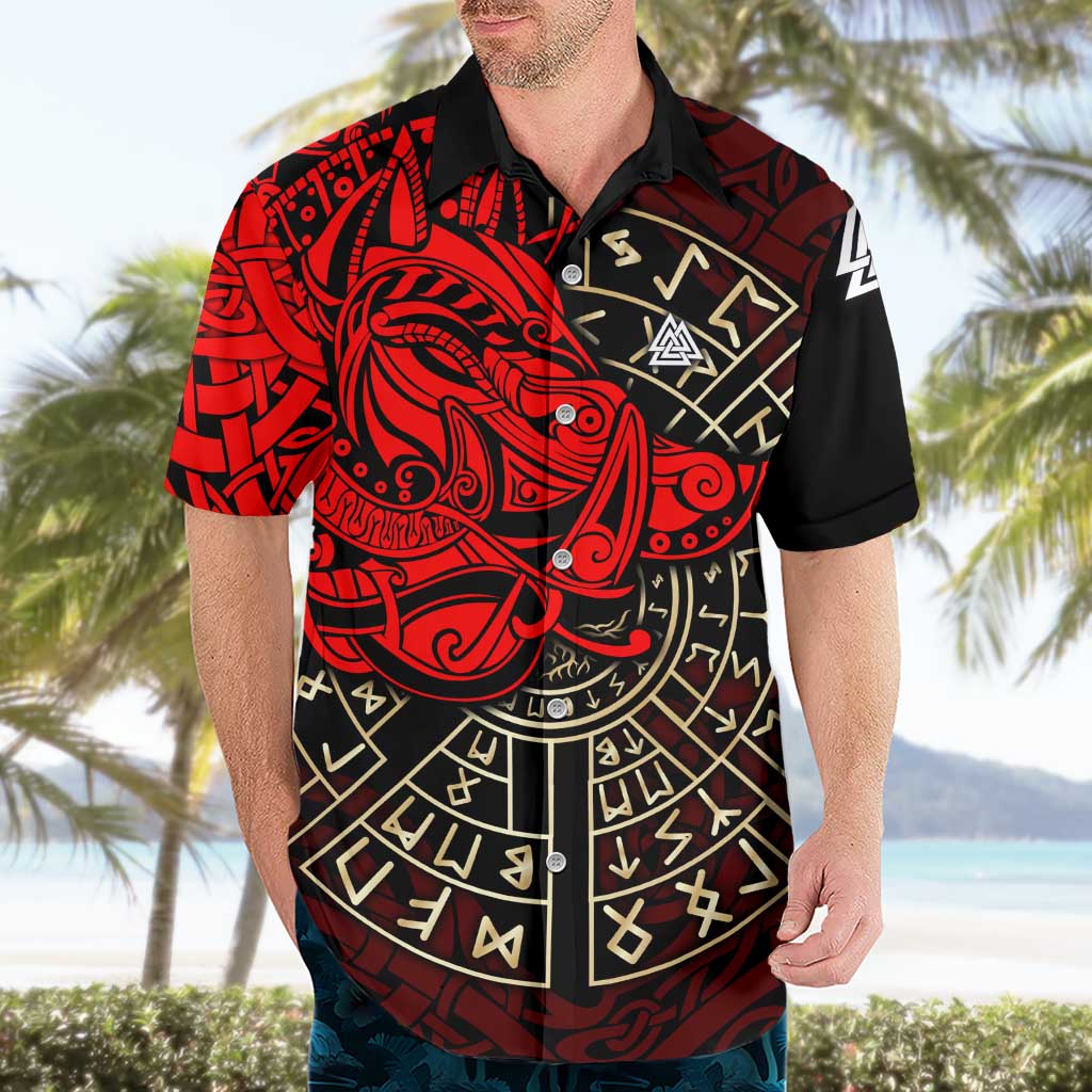 Yggdrasil Hawaiian Shirt with Red Norse Dragon and Runes Viking Heritage Tribute - Wonder Print Shop