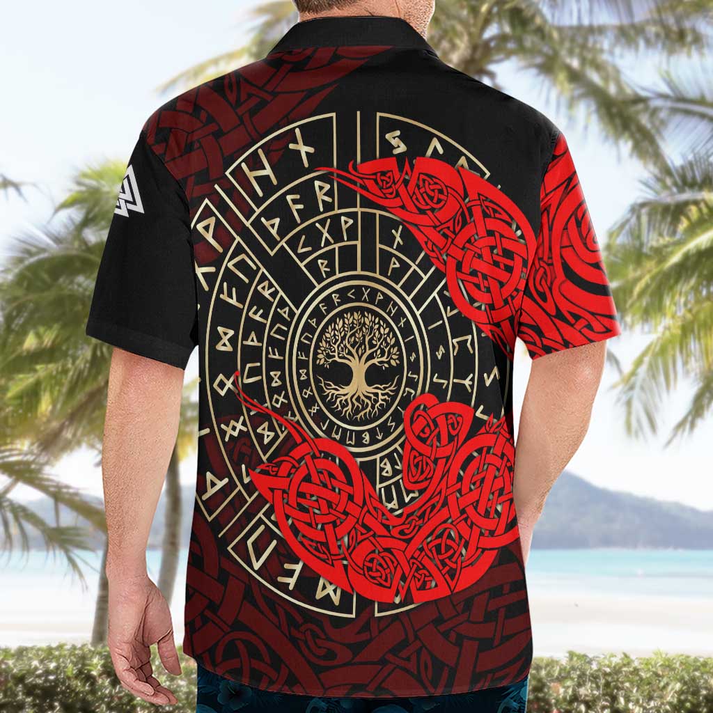 Yggdrasil Hawaiian Shirt with Red Norse Dragon and Runes Viking Heritage Tribute - Wonder Print Shop