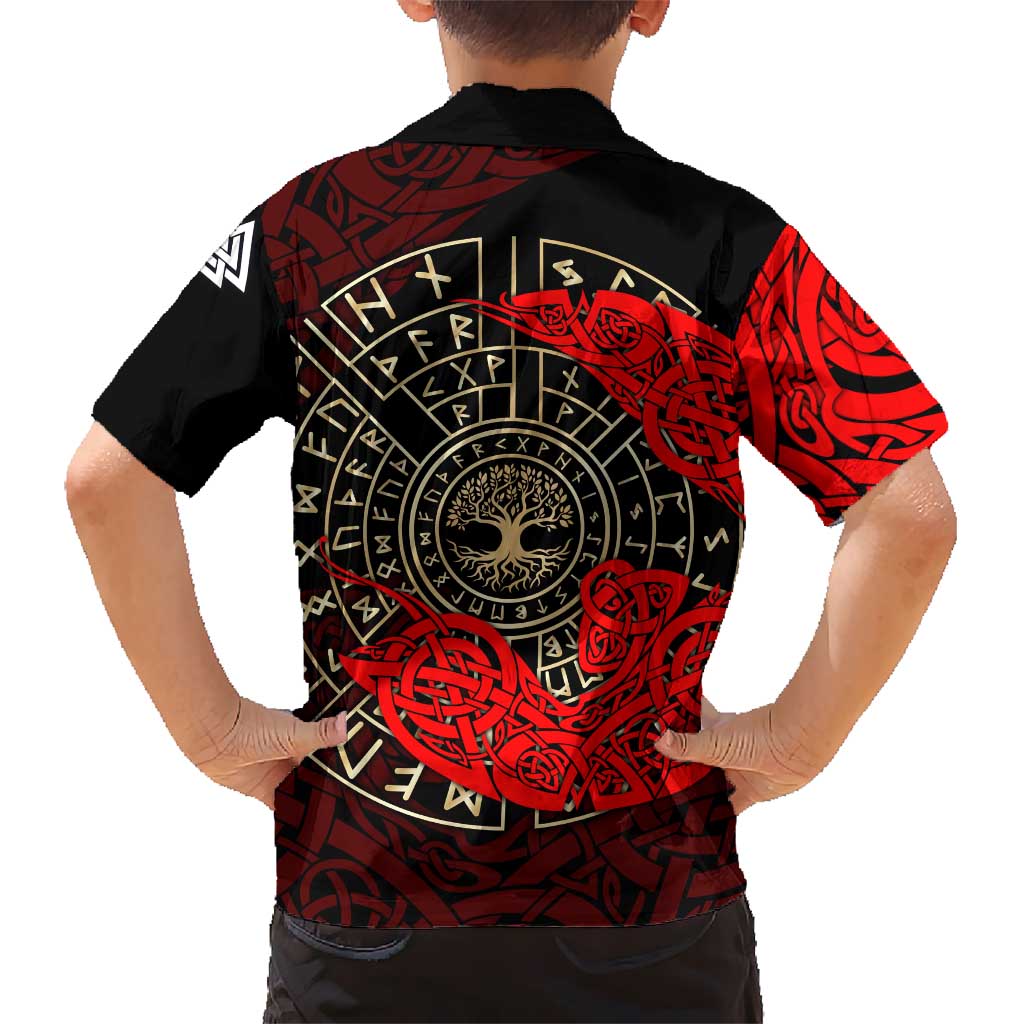 Yggdrasil Hawaiian Shirt with Red Norse Dragon and Runes Viking Heritage Tribute - Wonder Print Shop