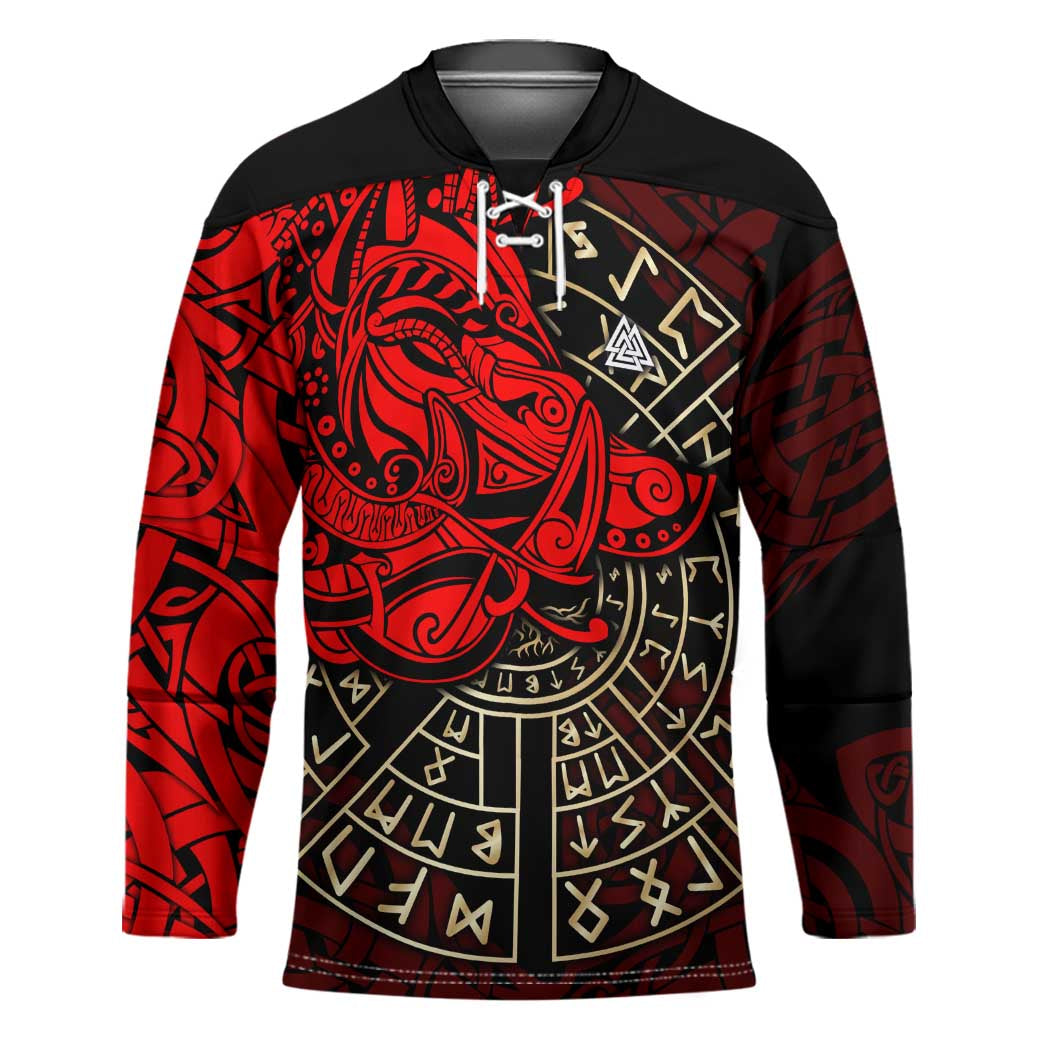 Yggdrasil Hockey Jersey with Red Norse Dragon and Runes Viking Heritage Tribute - Wonder Print Shop