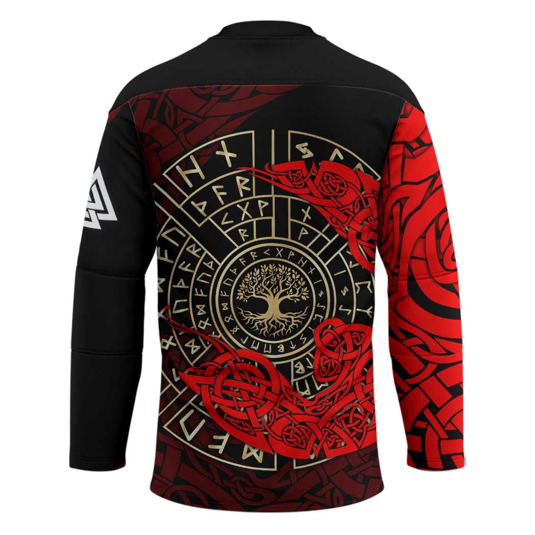 Yggdrasil Hockey Jersey with Red Norse Dragon and Runes Viking Heritage Tribute - Wonder Print Shop
