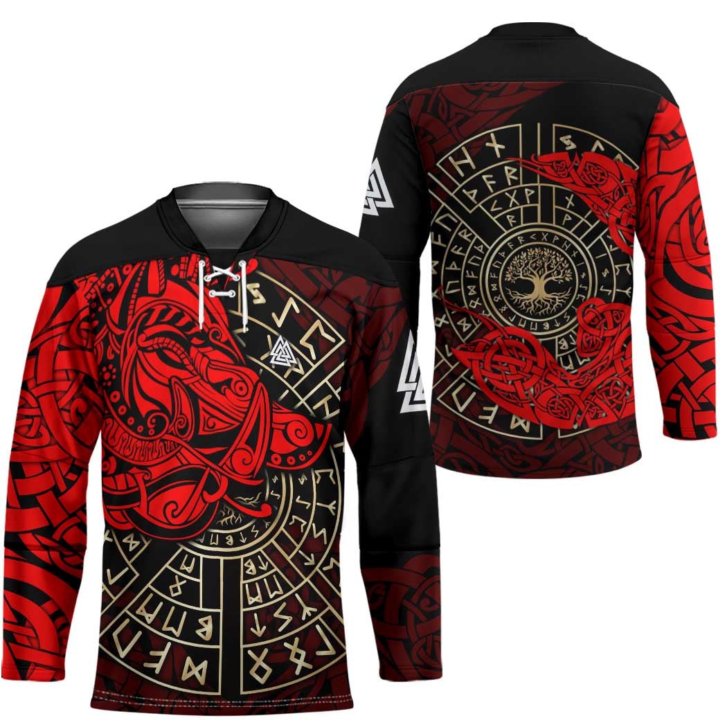 Yggdrasil Hockey Jersey with Red Norse Dragon and Runes Viking Heritage Tribute - Wonder Print Shop
