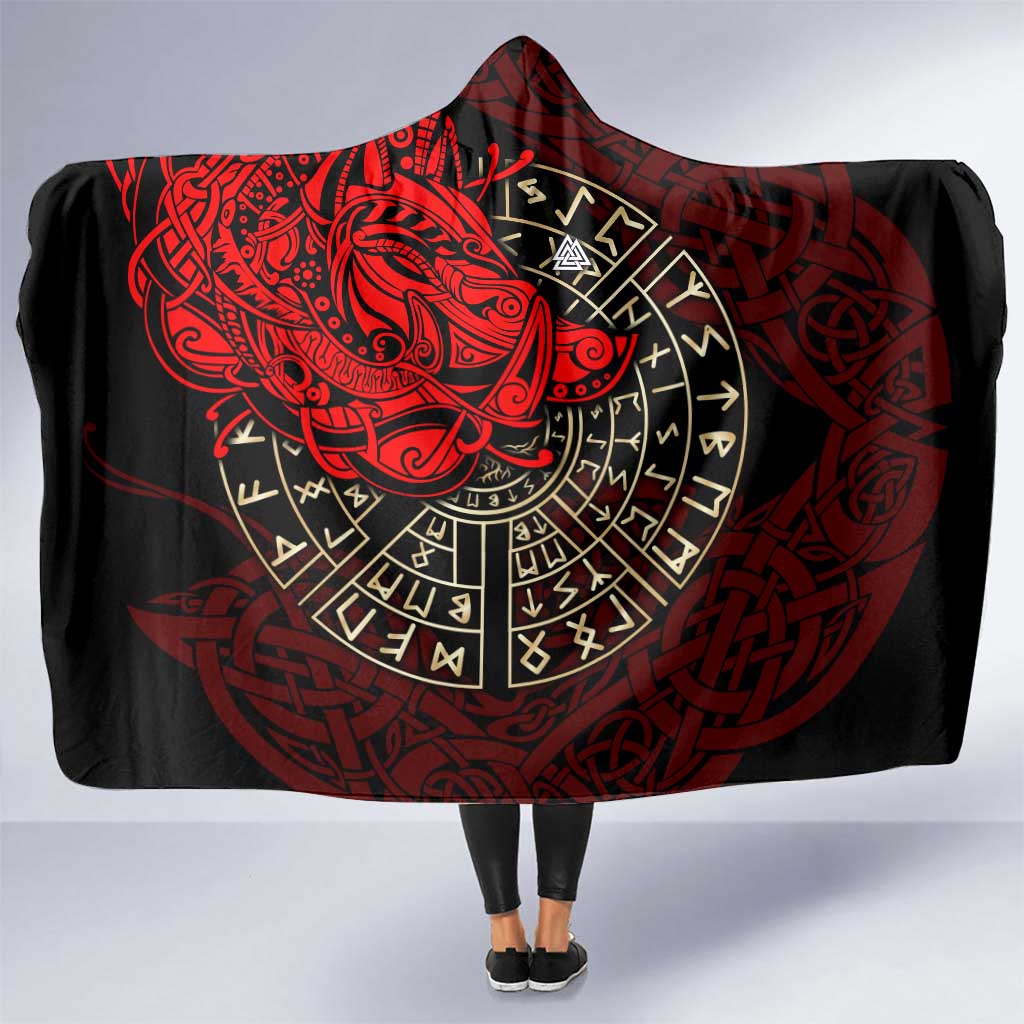 Yggdrasil Hooded Blanket with Red Norse Dragon and Runes Viking Heritage Tribute - Wonder Print Shop