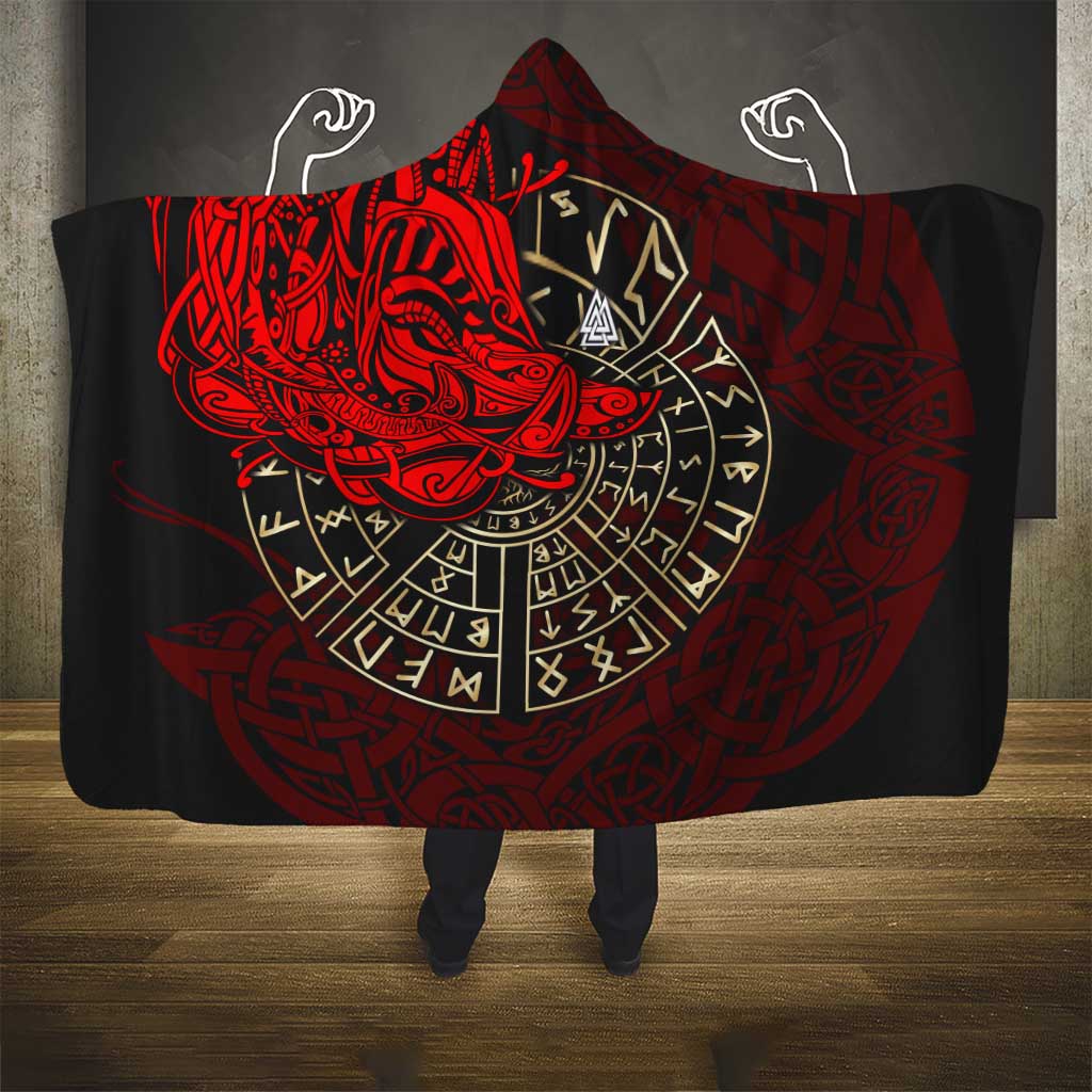 Yggdrasil Hooded Blanket with Red Norse Dragon and Runes Viking Heritage Tribute - Wonder Print Shop