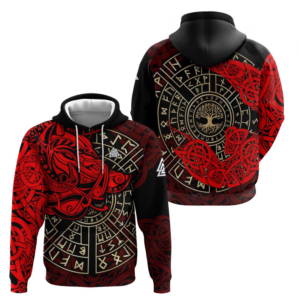 Yggdrasil Hoodie with Red Norse Dragon and Runes Viking Heritage Tribute - Wonder Print Shop