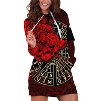 Yggdrasil Hoodie Dress with Red Norse Dragon and Runes Viking Heritage Tribute - Wonder Print Shop