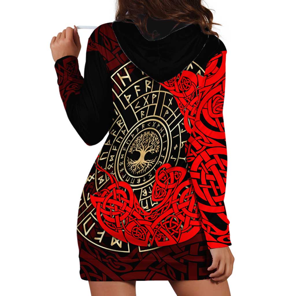 Yggdrasil Hoodie Dress with Red Norse Dragon and Runes Viking Heritage Tribute - Wonder Print Shop