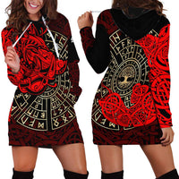 Yggdrasil Hoodie Dress with Red Norse Dragon and Runes Viking Heritage Tribute - Wonder Print Shop