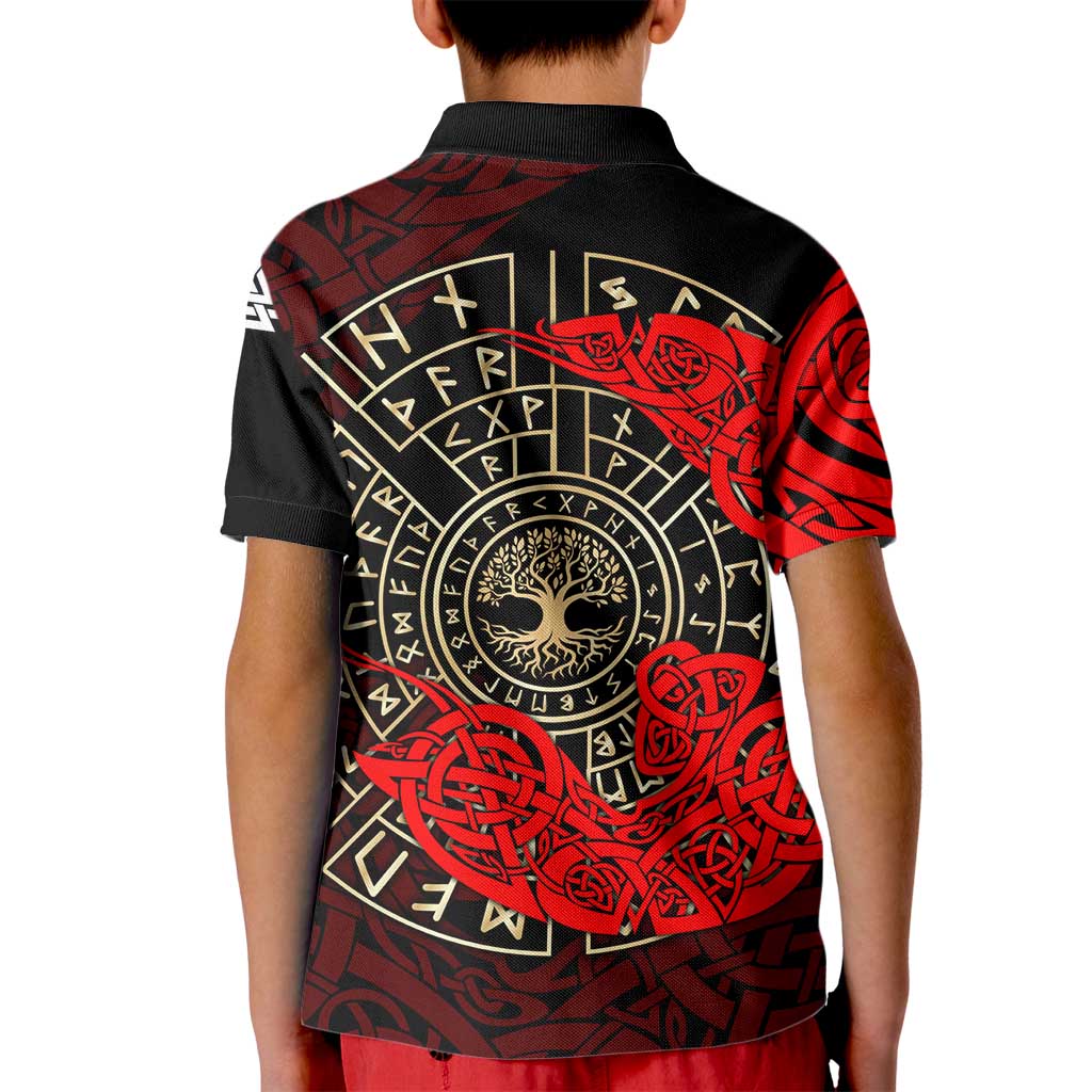 Yggdrasil Kid Polo Shirt with Red Norse Dragon and Runes Viking Heritage Tribute - Wonder Print Shop