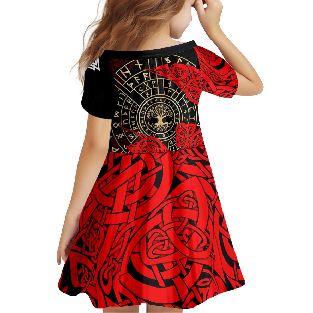 Yggdrasil Kid Short Sleeve Dress with Red Norse Dragon and Runes Viking Heritage Tribute - Wonder Print Shop