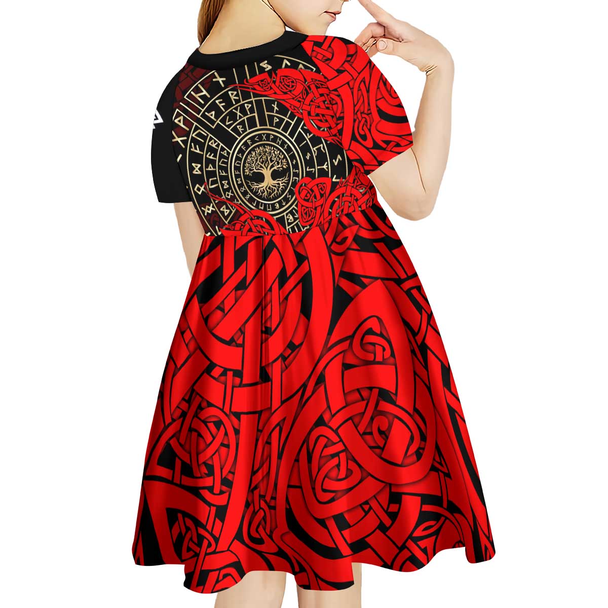 Yggdrasil Kid Short Sleeve Dress with Red Norse Dragon and Runes Viking Heritage Tribute - Wonder Print Shop