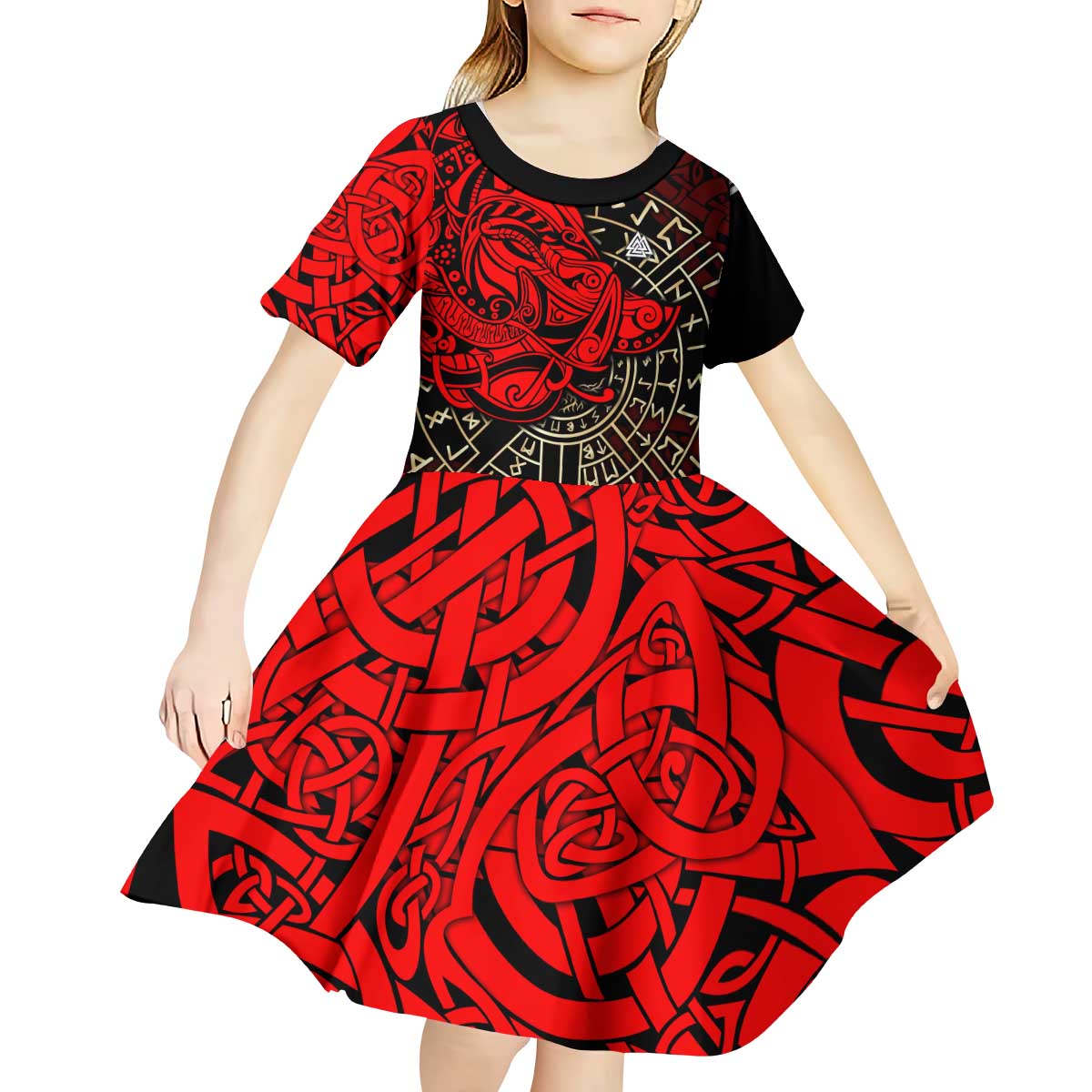 Yggdrasil Kid Short Sleeve Dress with Red Norse Dragon and Runes Viking Heritage Tribute - Wonder Print Shop