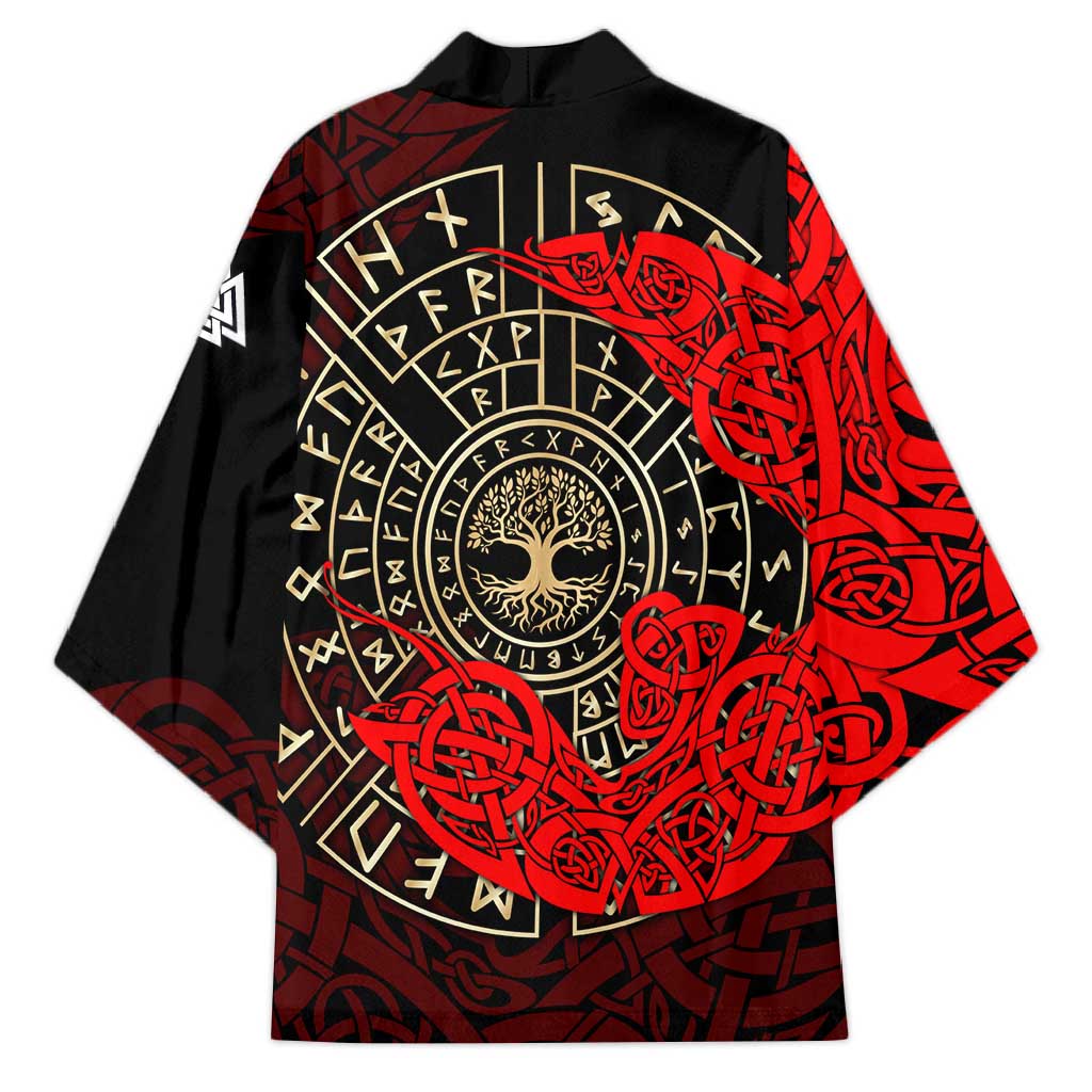 Yggdrasil Kimono with Red Norse Dragon and Runes Viking Heritage Tribute - Wonder Print Shop