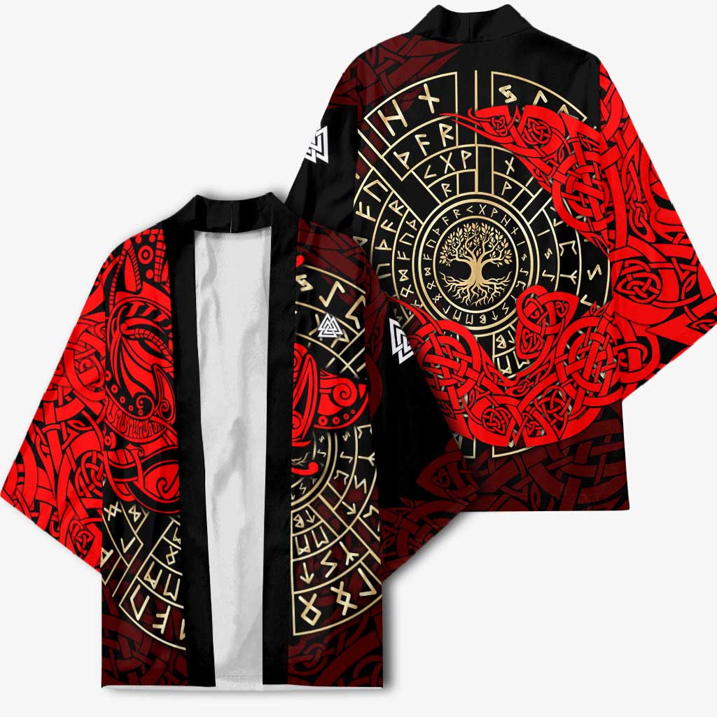 Yggdrasil Kimono with Red Norse Dragon and Runes Viking Heritage Tribute - Wonder Print Shop