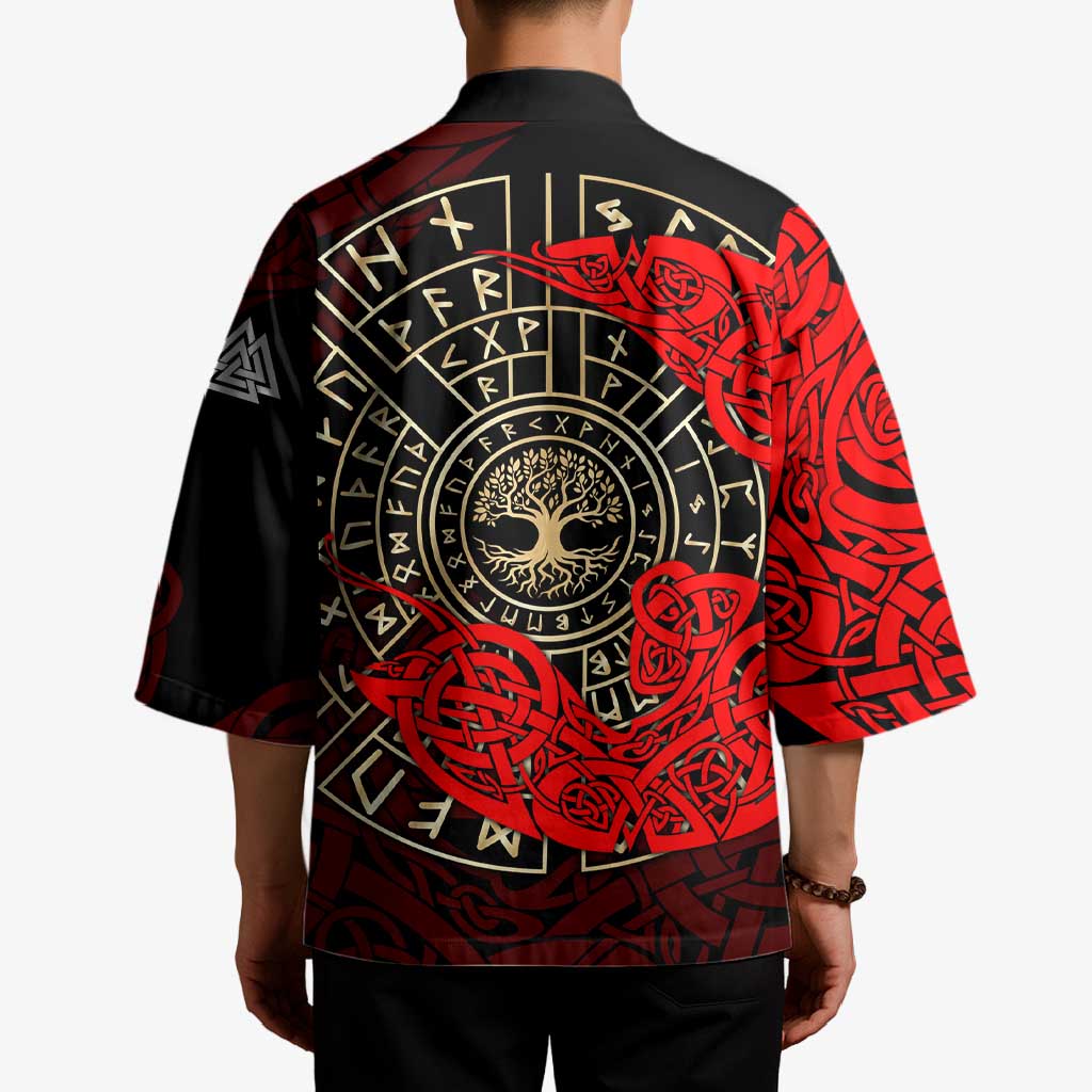 Yggdrasil Kimono with Red Norse Dragon and Runes Viking Heritage Tribute - Wonder Print Shop