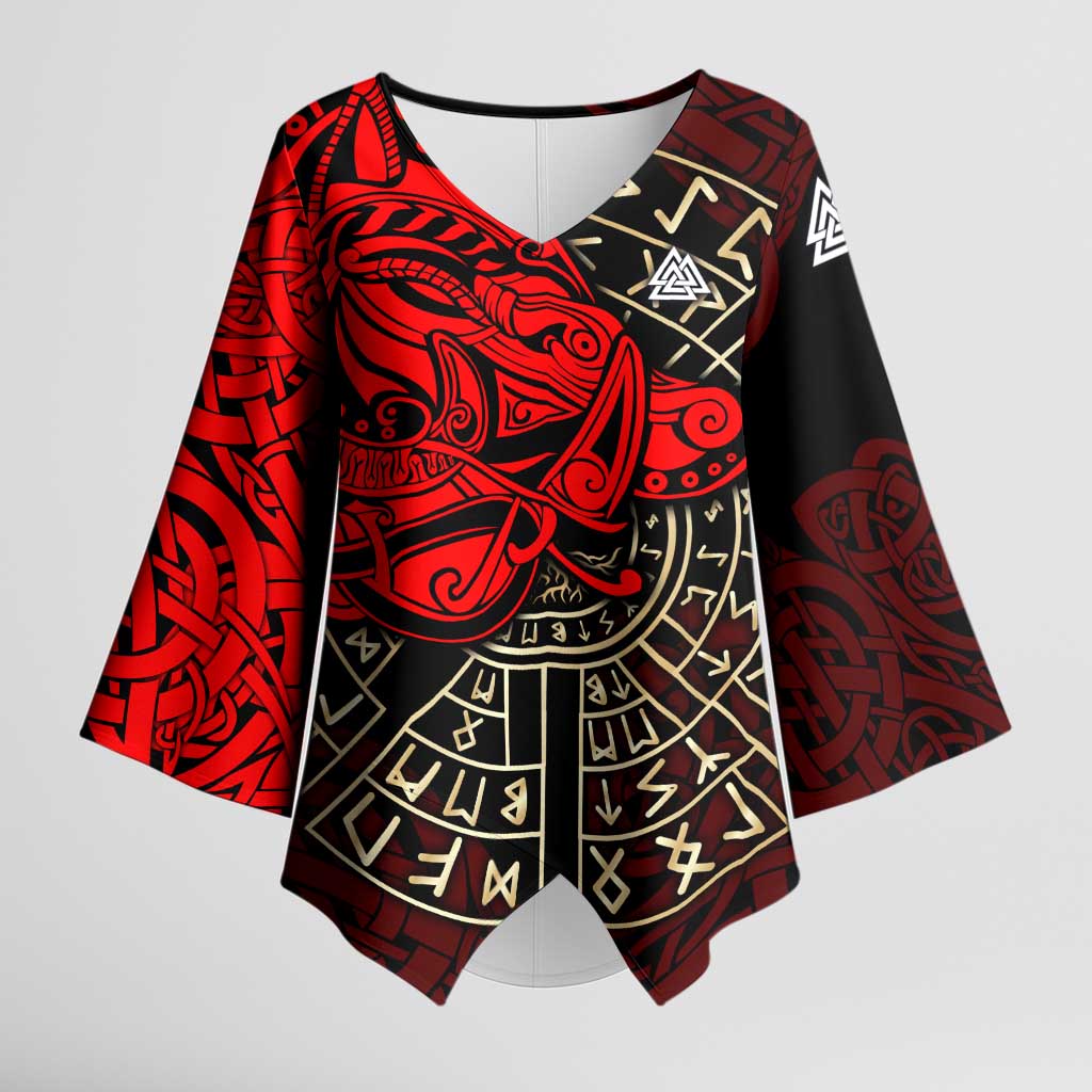 Yggdrasil Kimono Sleeve Blouse with Red Norse Dragon and Runes Viking Heritage Tribute - Wonder Print Shop