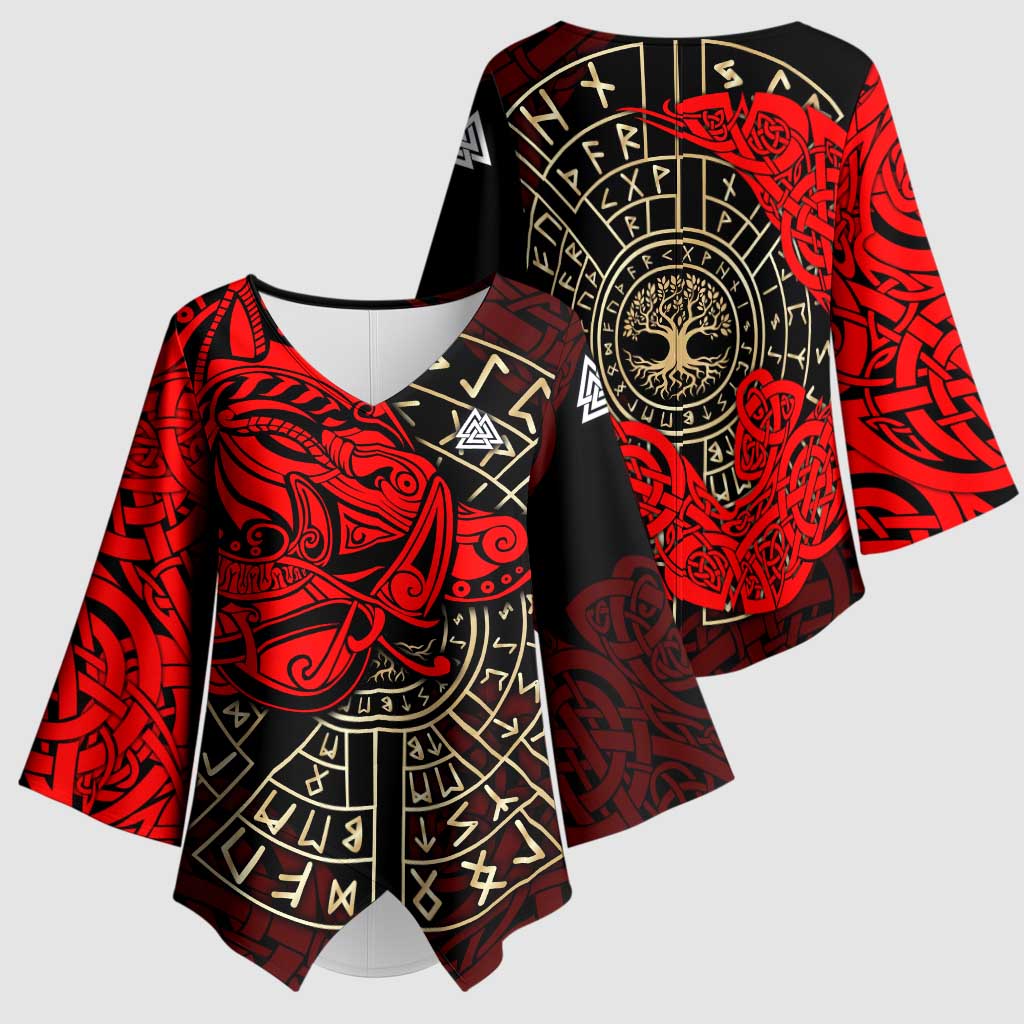 Yggdrasil Kimono Sleeve Blouse with Red Norse Dragon and Runes Viking Heritage Tribute - Wonder Print Shop